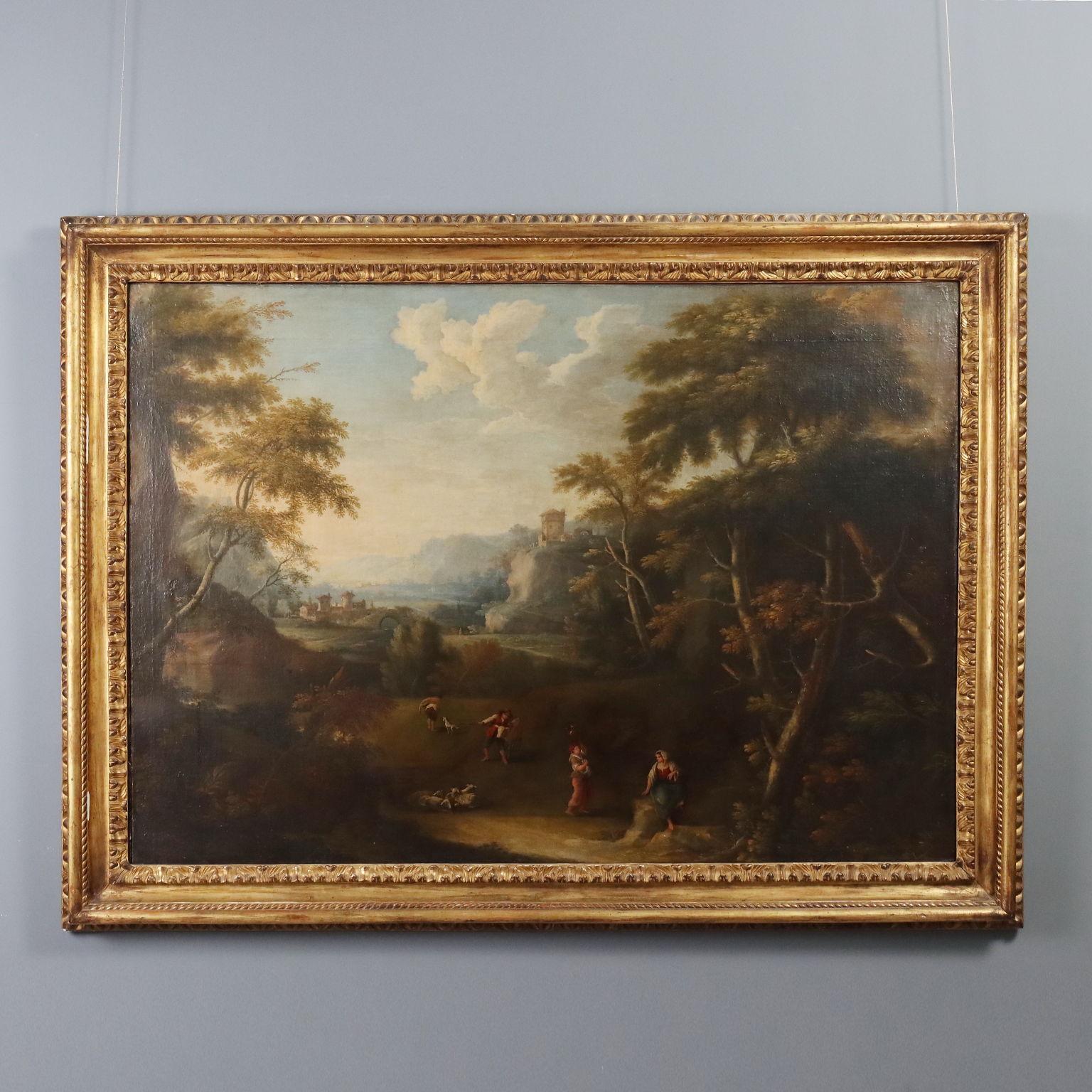 18th-Century Painting Featuring a Landscape and Figures; Oil on canvas. Venetian School