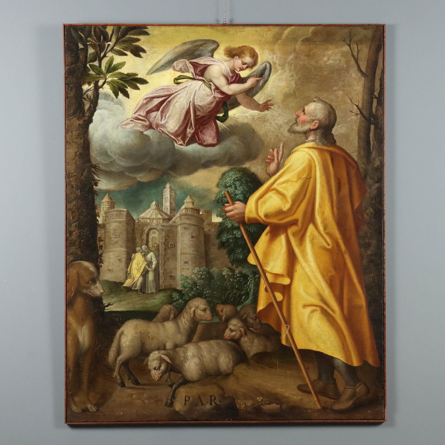 Unknown Figurative Painting - Painting of Saint Joachim and the Angel, Oil on Canvas, 16th Century