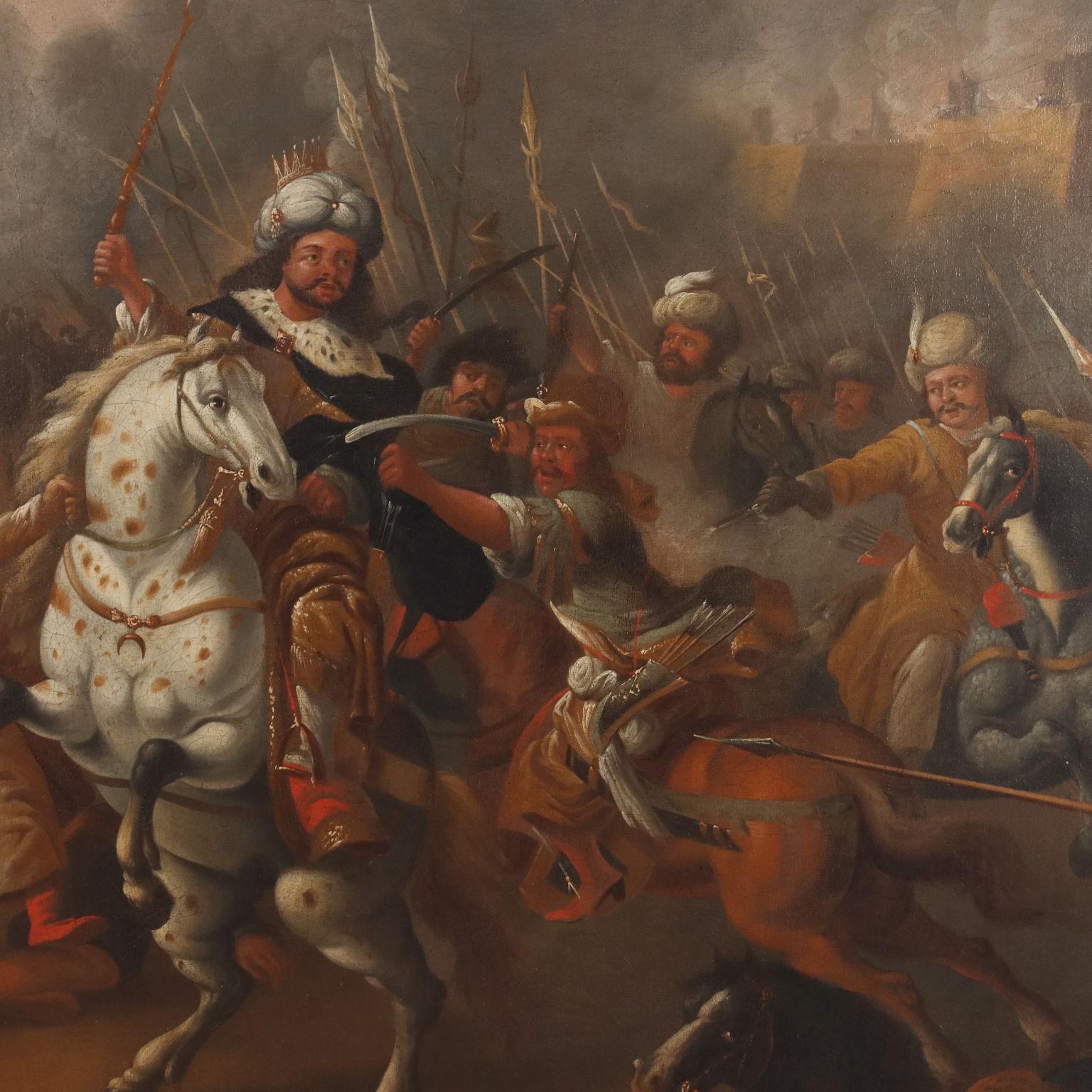 Gemälde mit Schlachtszene Mitte des 18. Jahrhunderts (Brown), Figurative Painting, von Unknown