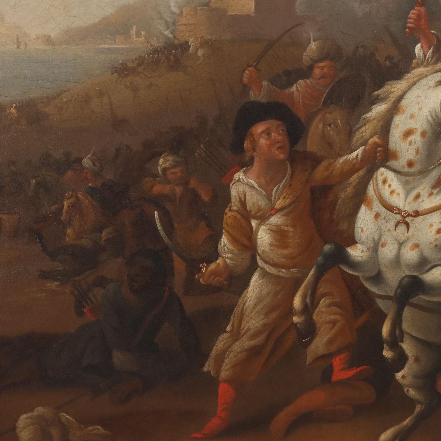 Öl auf Leinwand.
Die Szene zeigt eine Schlacht zwischen einem maurischen Heer und weißen Soldaten, die eine Festung verteidigen, von der aus Kanonen abgefeuert werden, während im Hintergrund auf der Spitze eines Vorgebirges eine weiße Stadt