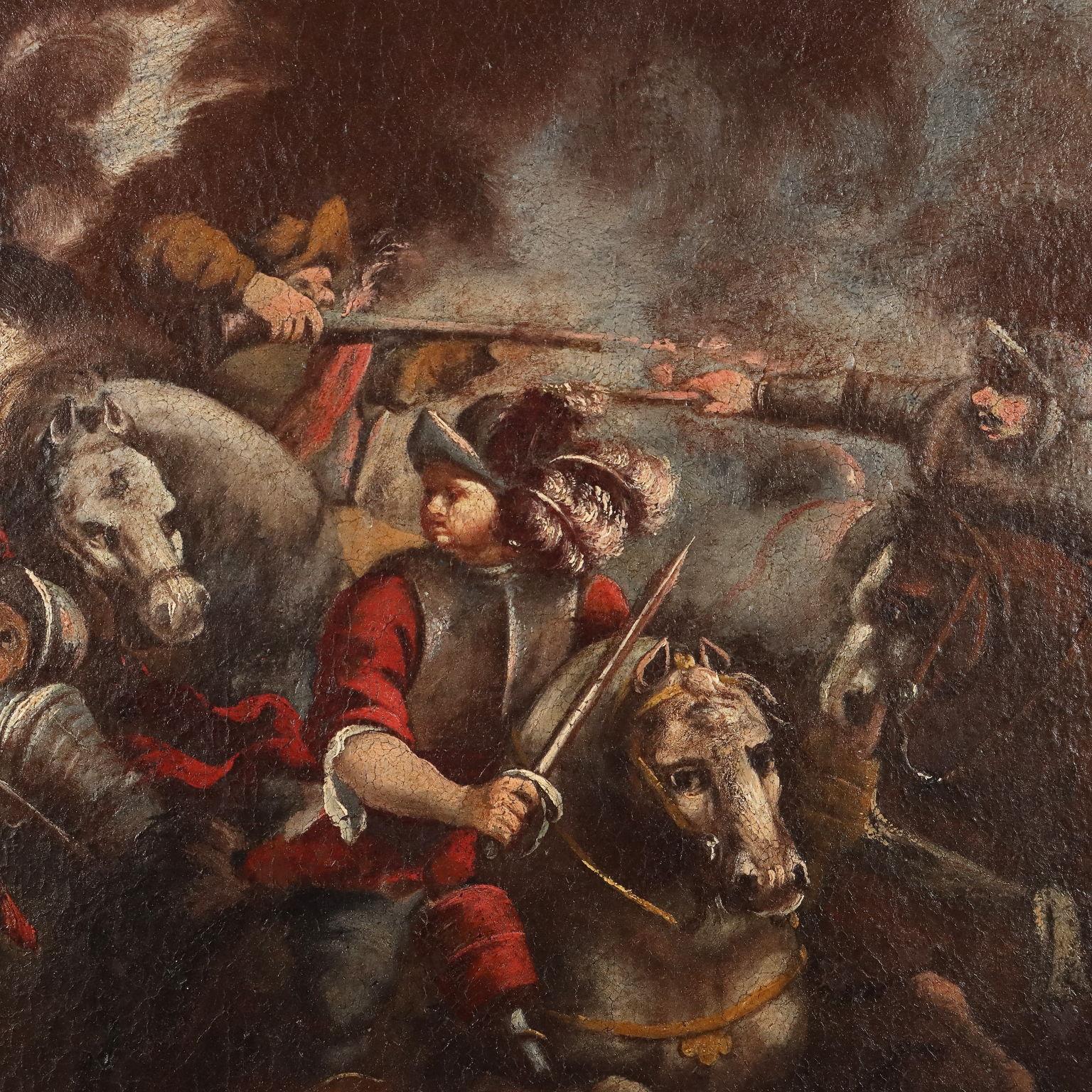 Öl auf Leinwand. 17. bis 18. Jahrhundert, norditalienische Schule. Die Szene zeigt das Aufeinandertreffen von Rittern vor den Mauern einer belagerten Stadt, während der Rauch von Feuerwaffen in den Himmel steigt. Das Gemälde wurde restauriert und