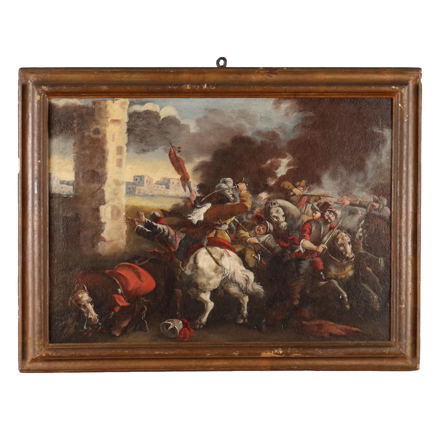 Peinture avec scène de bataille 18e siècle