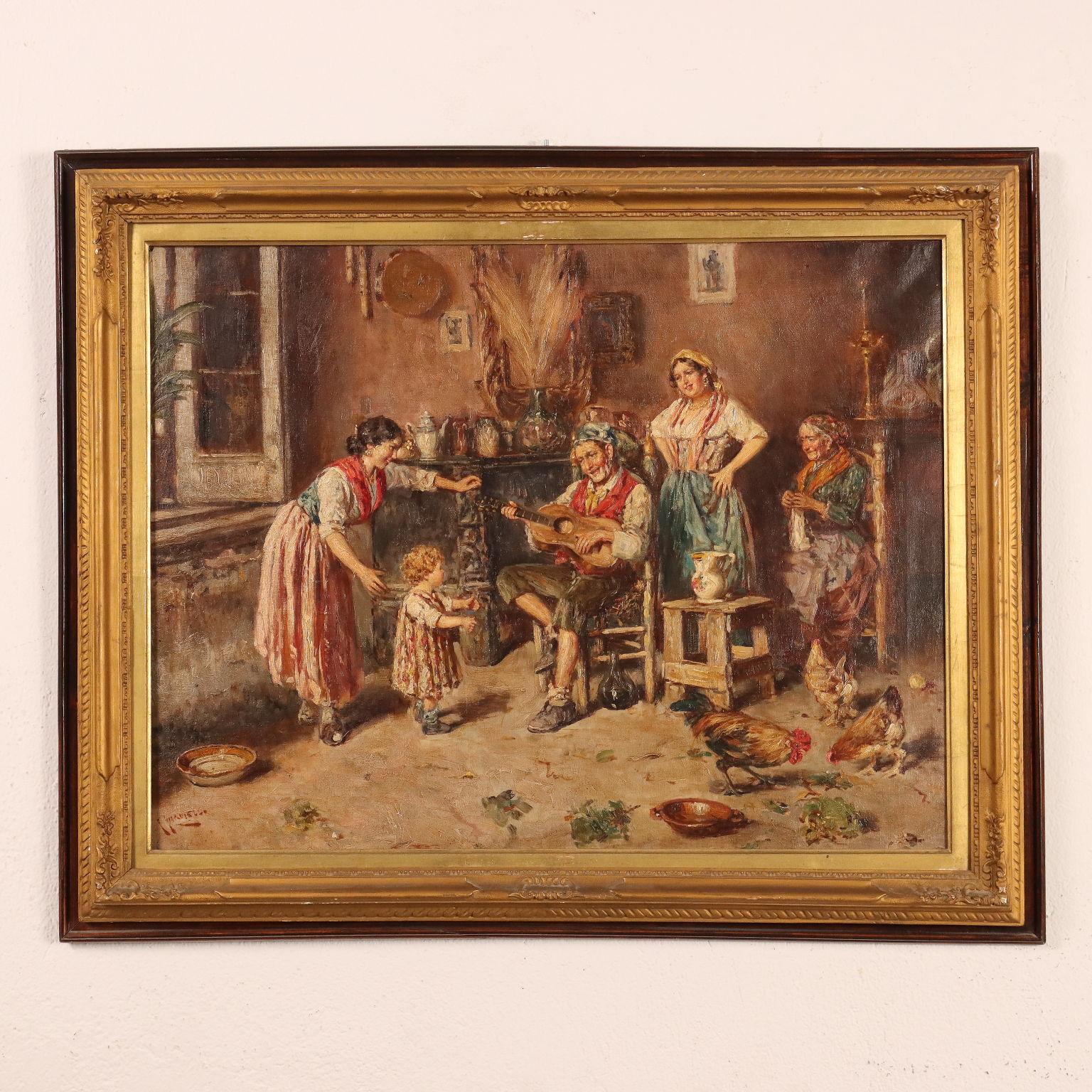 Oil on Canvas. Signed in lower left hand corner.
Inside a rural kitchen, a farming family indulges in a festive moment: the father plays the mandolin, listened to by the little girl who hints at wanting to dance, assisted by her mother, and the