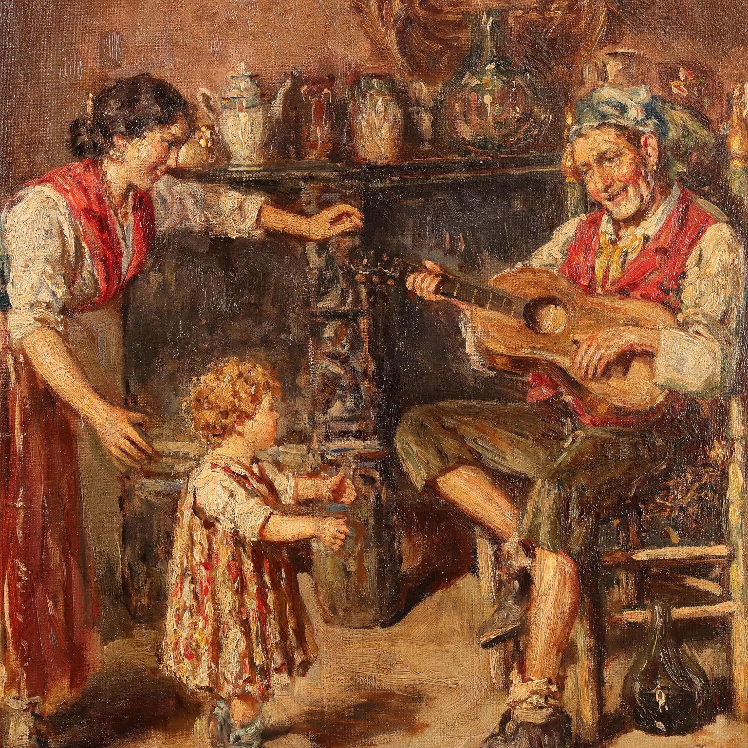 Unknown Figurative Painting - Painting with Scene of Domestic Concertino, early 20th century