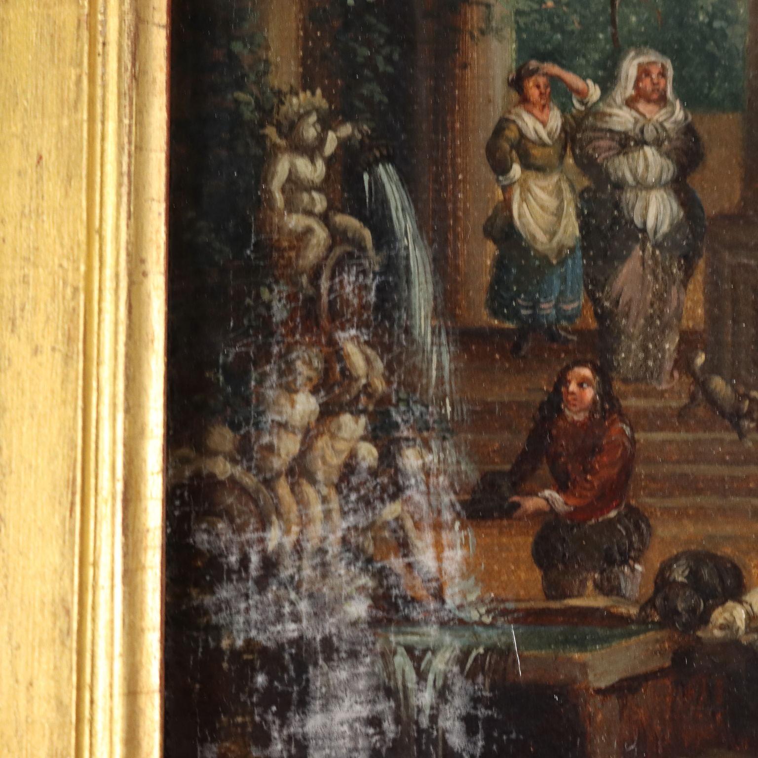 Olio su tela applicata a tavola. Scuola nord-europea del XVII-XVIII secolo.
Al retro è presente antica attribuzione a Peter Wouwerman (1623 -1682), giustificata dalla vicinanza ai modi pittorici dell'artista fiammingo, molto attento alla resa dei