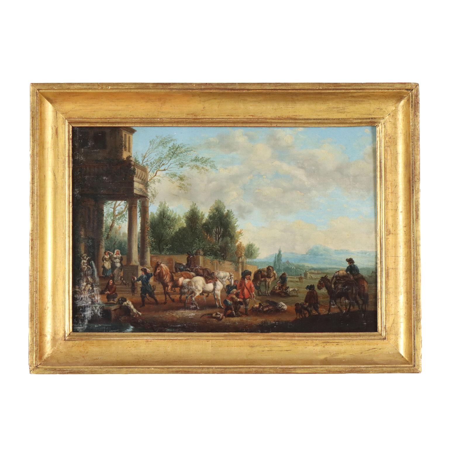 Unknown Figurative Painting - Dipinto con Scena di Genere, Il ritorno dalla Caccia, XVIII sec.