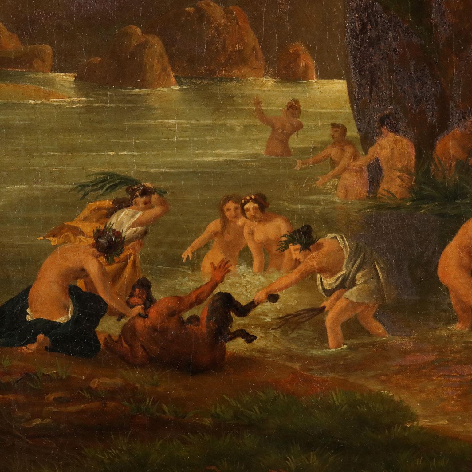 Dipinto con Scena di Ninfe e Satiri al Bagno XIX secolo - Other Art Style Painting by Unknown