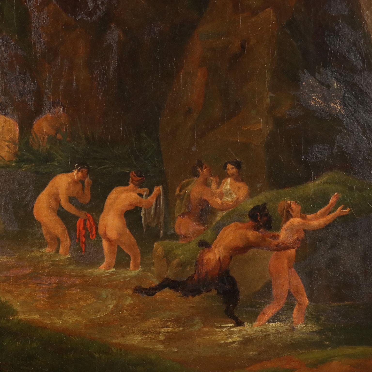 Peinture avec scène de nymphes et de satyres au bain 19e siècle en vente 1