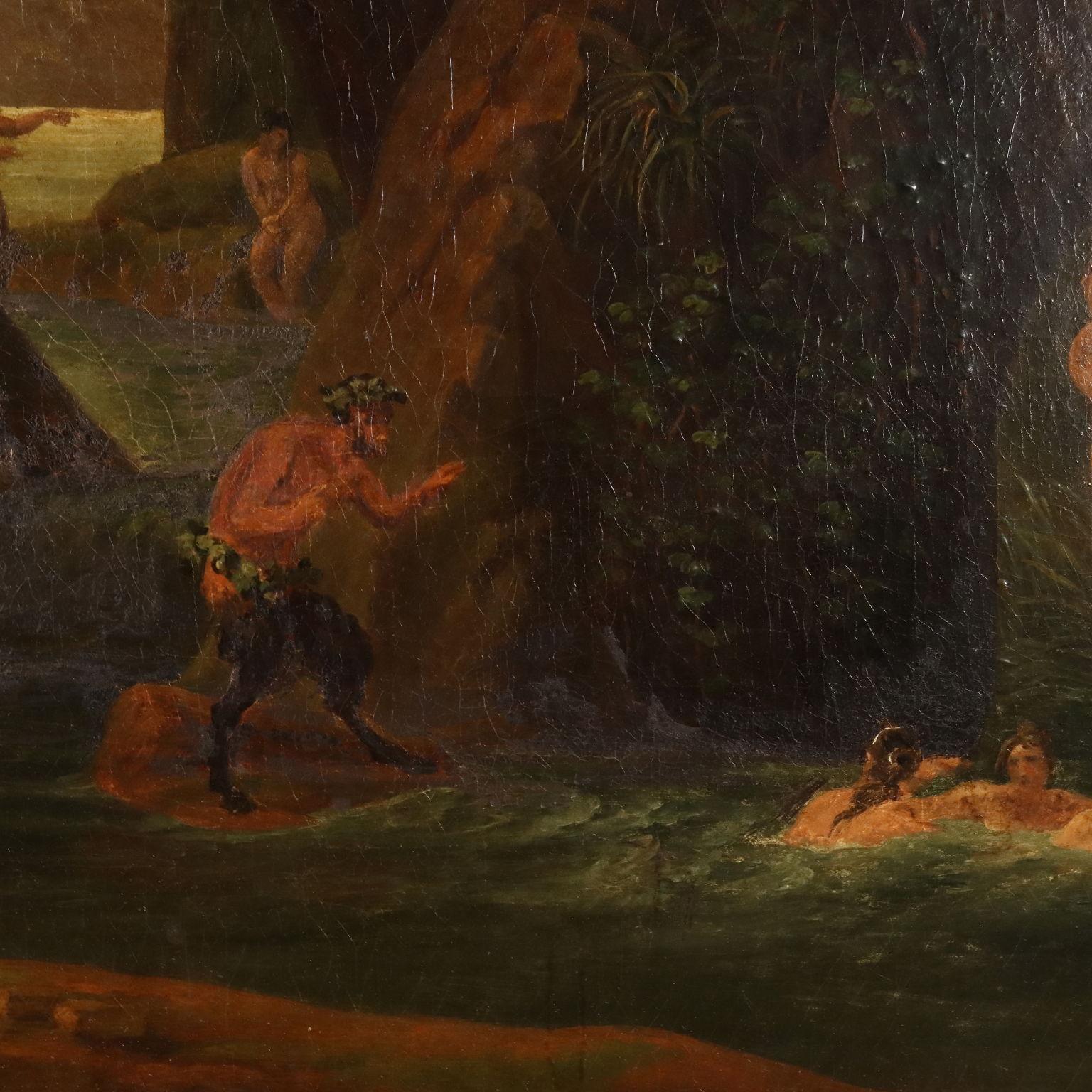 Peinture avec scène de nymphes et de satyres au bain 19e siècle en vente 2