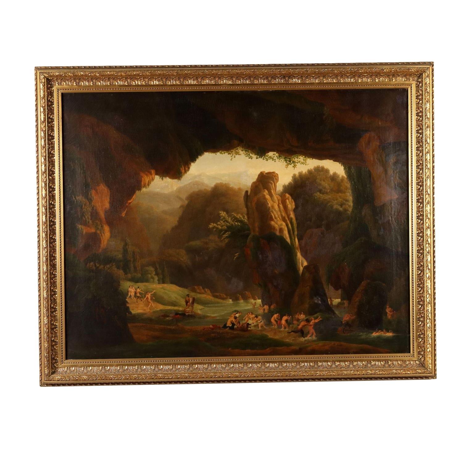 Figurative Painting Unknown - Peinture avec scène de nymphes et de satyres au bain 19e siècle