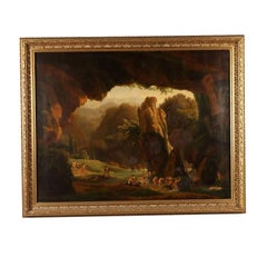 Peinture avec scène de nymphes et de satyres au bain 19e siècle