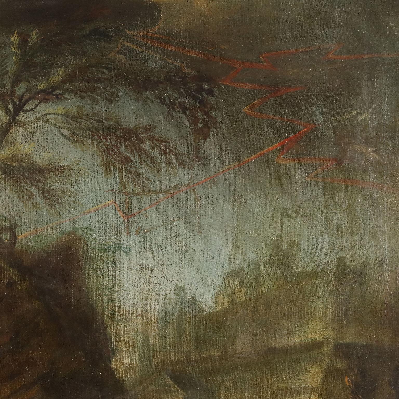 Huile sur toile. École française de la seconde moitié du XVIIIe siècle.
Probablement l'œuvre d'un disciple de Claude Joseph Vernet (1714 -1789), peintre français spécialisé dans les paysages marins et qui a peint à plusieurs reprises des vues de