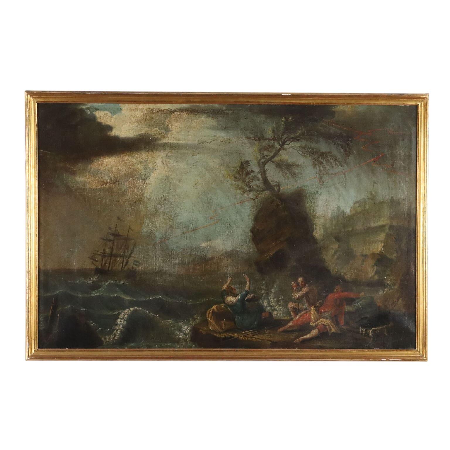 Landscape Painting Unknown - Peinture avec une scène de tempête seconde moitié du 18e siècle
