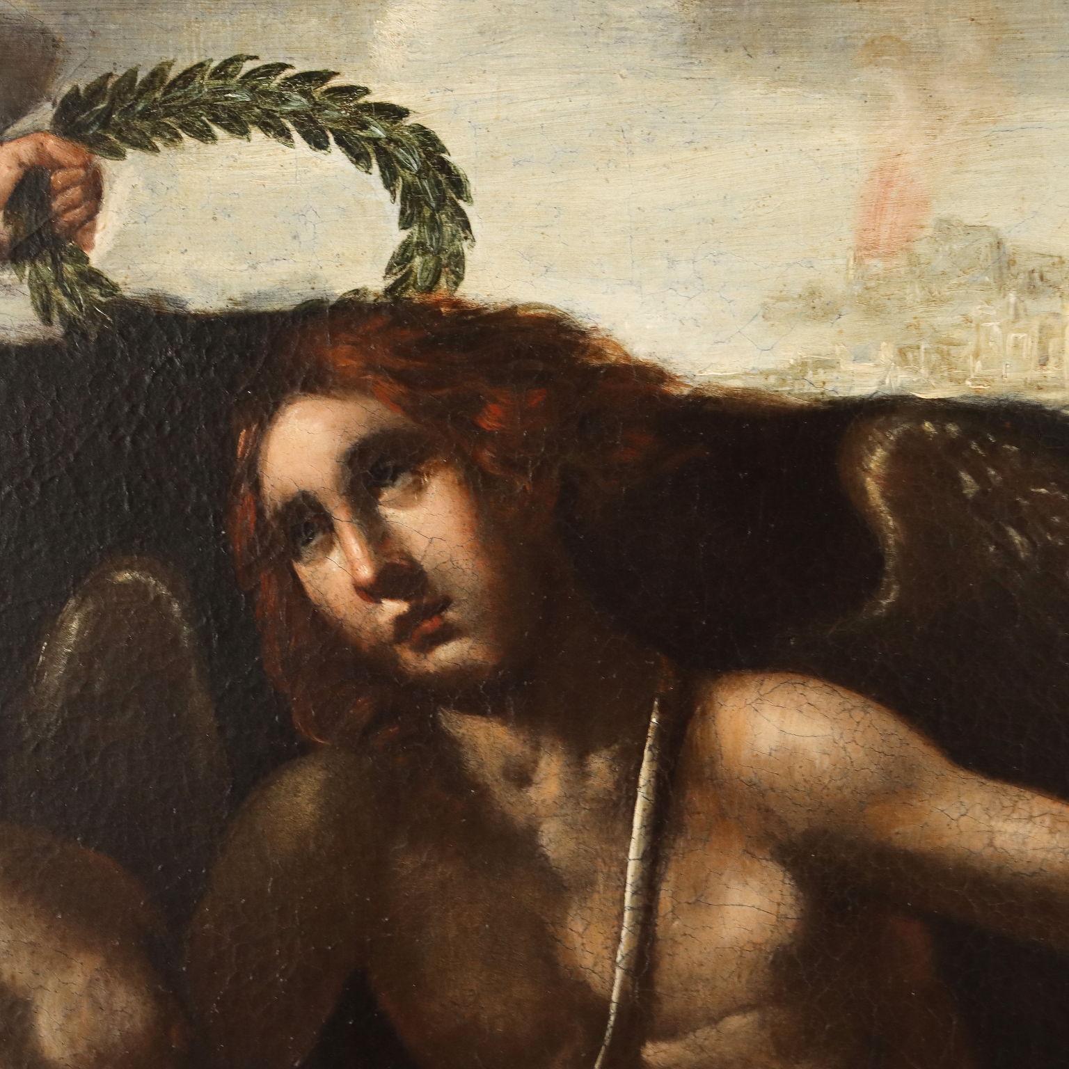 Óleo sobre lienzo. Escuela Norte-Italia  del siglo XVII.
La escena está basada, con algunas variaciones pero muy próxima en tamaño, en una parte del gran fresco titulado 