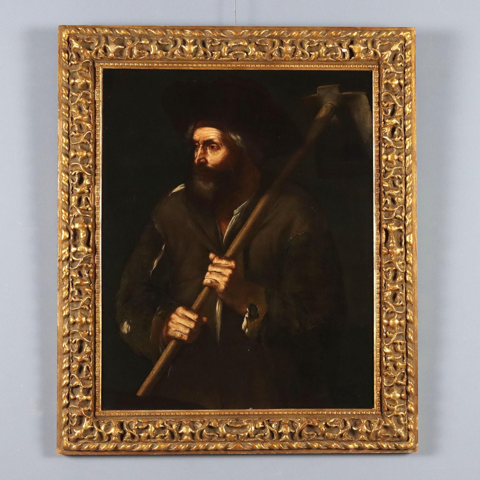 Unknown Figurative Painting - Dipinto Contadino con Zappa Olio su tela. Scuola lombardo-veneta di fine '600