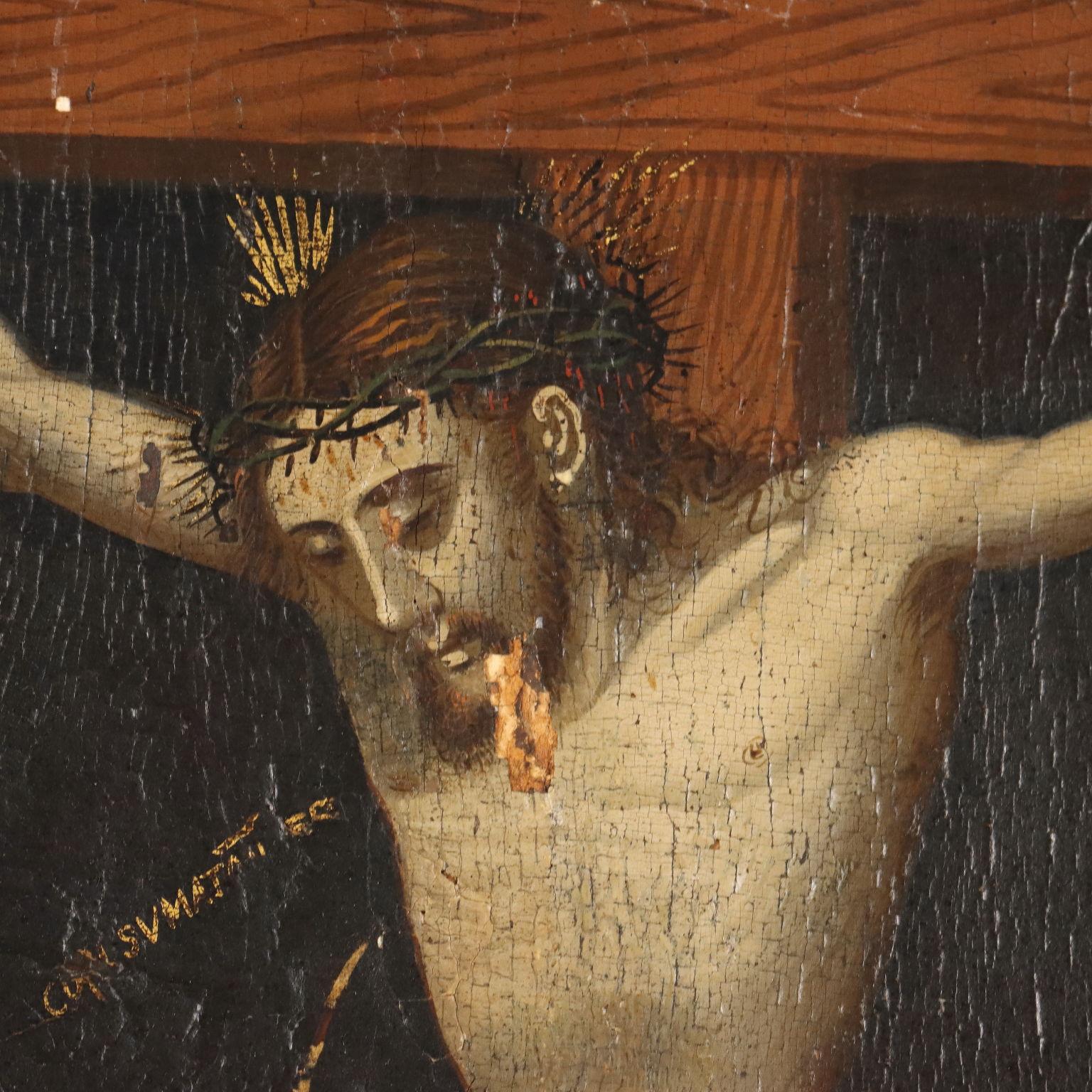 Dipinto Cristo Crocifisso con la Maddalena XVI secolo - Black Figurative Painting by Unknown
