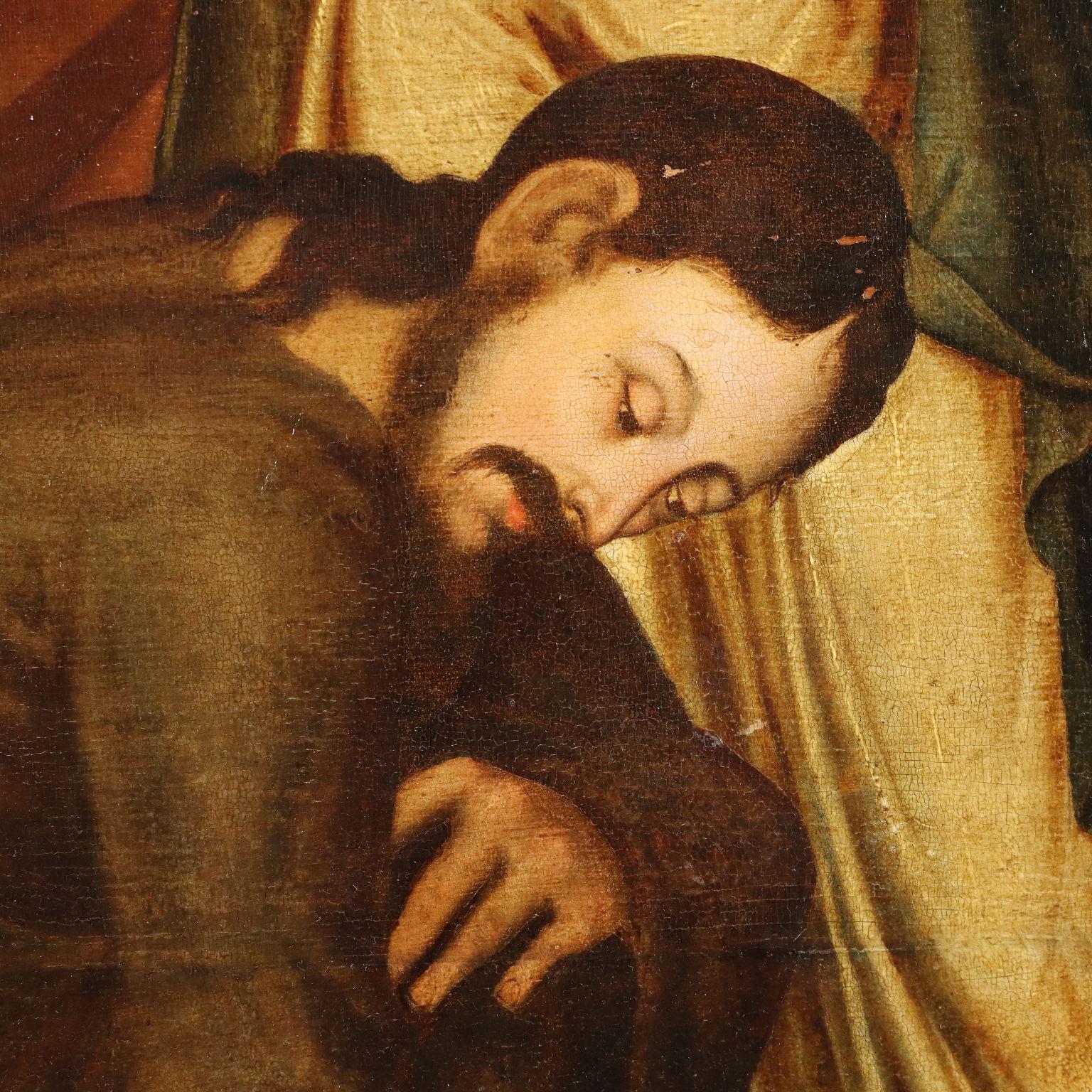 Öl auf Platte. Flämische Schule des 16. Jahrhunderts.
Das Werk trägt am Sockel eine Tafel, die es Lambert Van Noort (1520 -1571) zuschreibt, was durch die Nähe zu seinem Malstil in den Gesichtern von Jesus und Maria Magdalena gerechtfertigt ist,