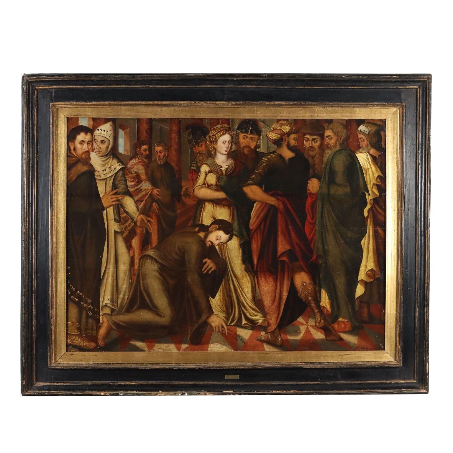 Unknown Figurative Painting – Gemälde Christus und die Ehebrecherin Flämische Schule 16. Jahrhundert