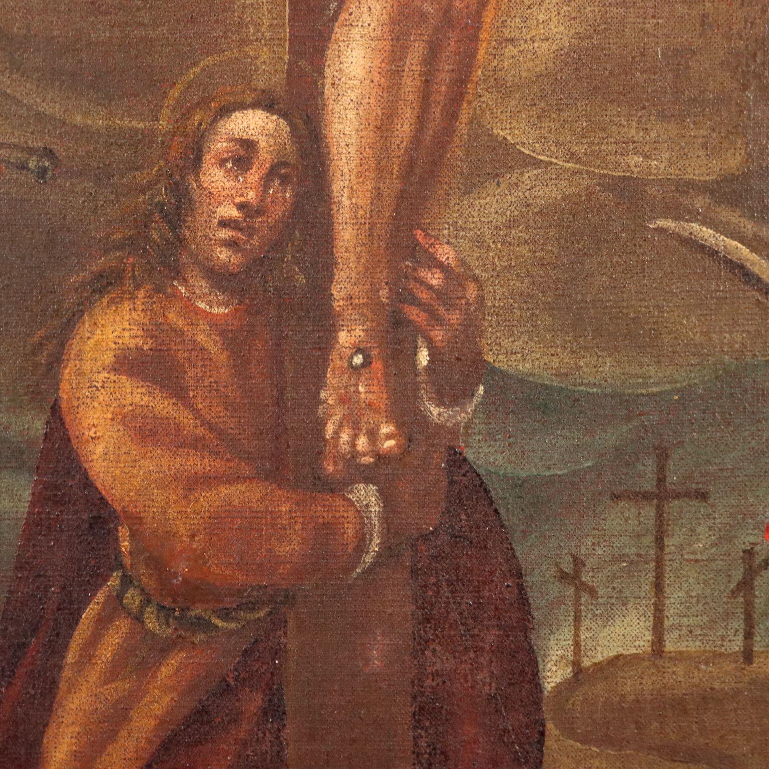 Dipinto Crocifissione con i Santi Paolo, Maddalena e Bartolomeo XVII-XVIII sec - Other Art Style Painting by Unknown