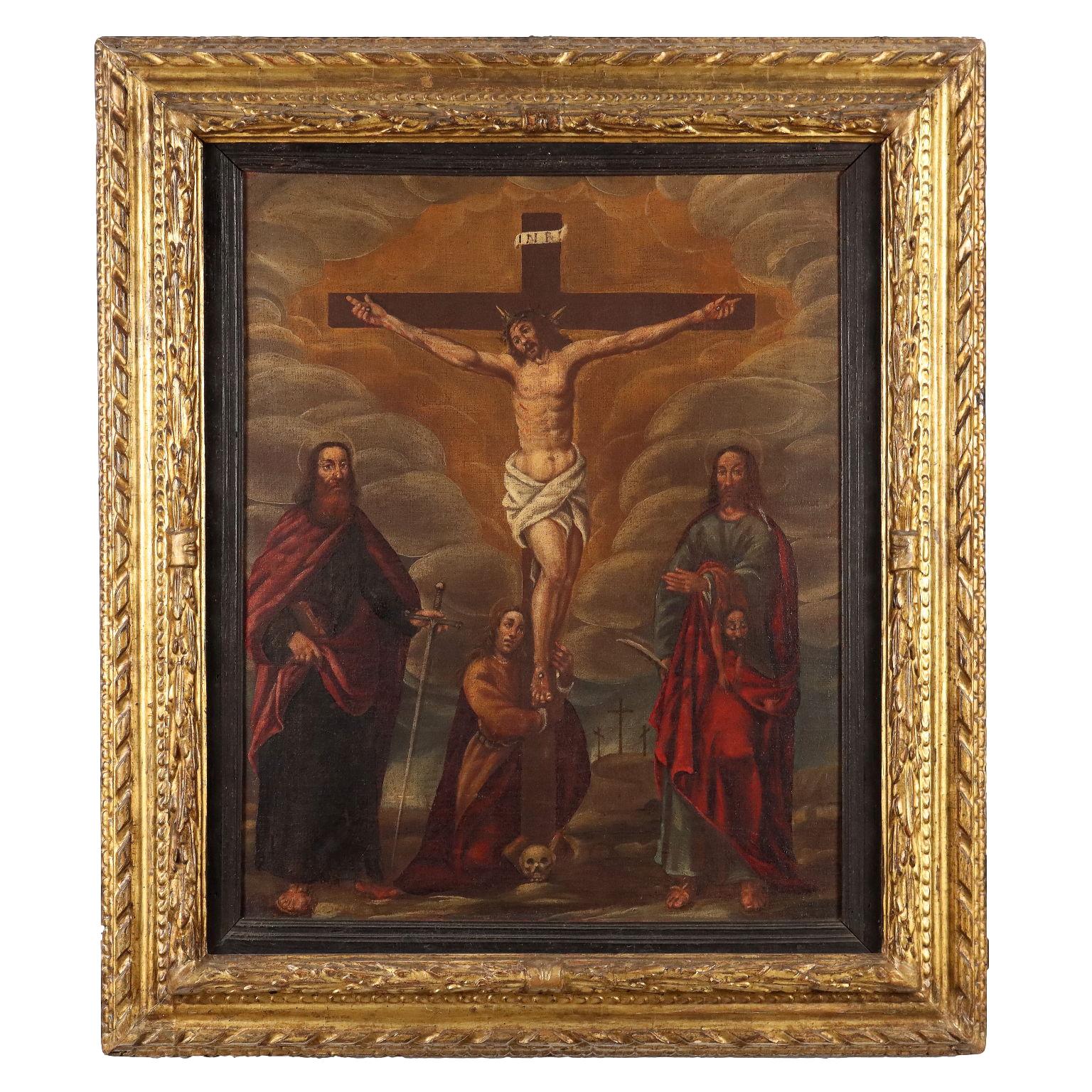 Unknown Figurative Painting - Dipinto Crocifissione con i Santi Paolo, Maddalena e Bartolomeo XVII-XVIII sec