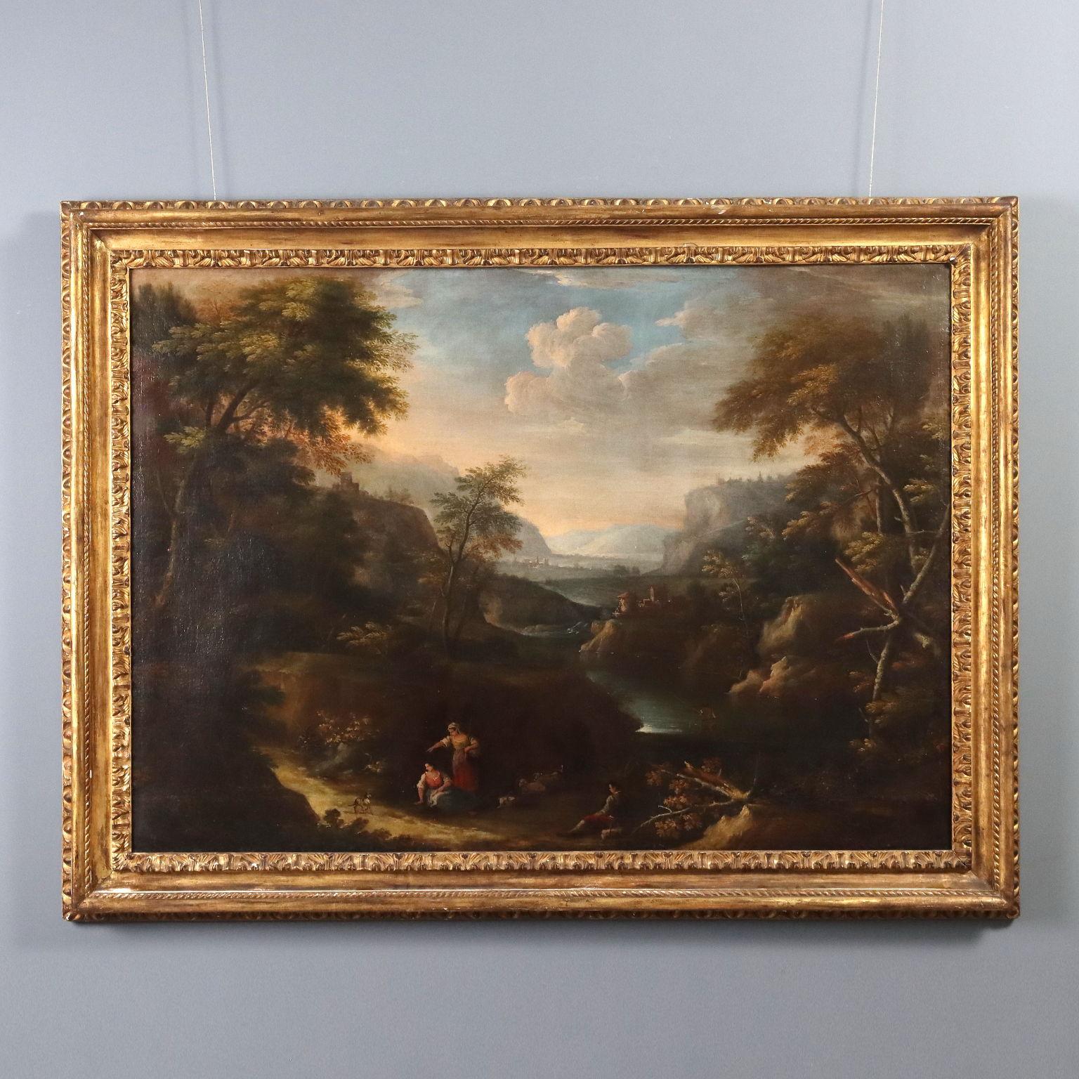 Dipinto del XVIII Secolo con Paesaggio e Figure Olio su tela della scuola veneta
