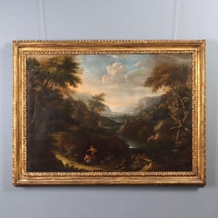 Gemälde aus dem 18. Jahrhundert mit Landschaft und Figuren – Öl auf Leinwand aus der venezianischen Schule
