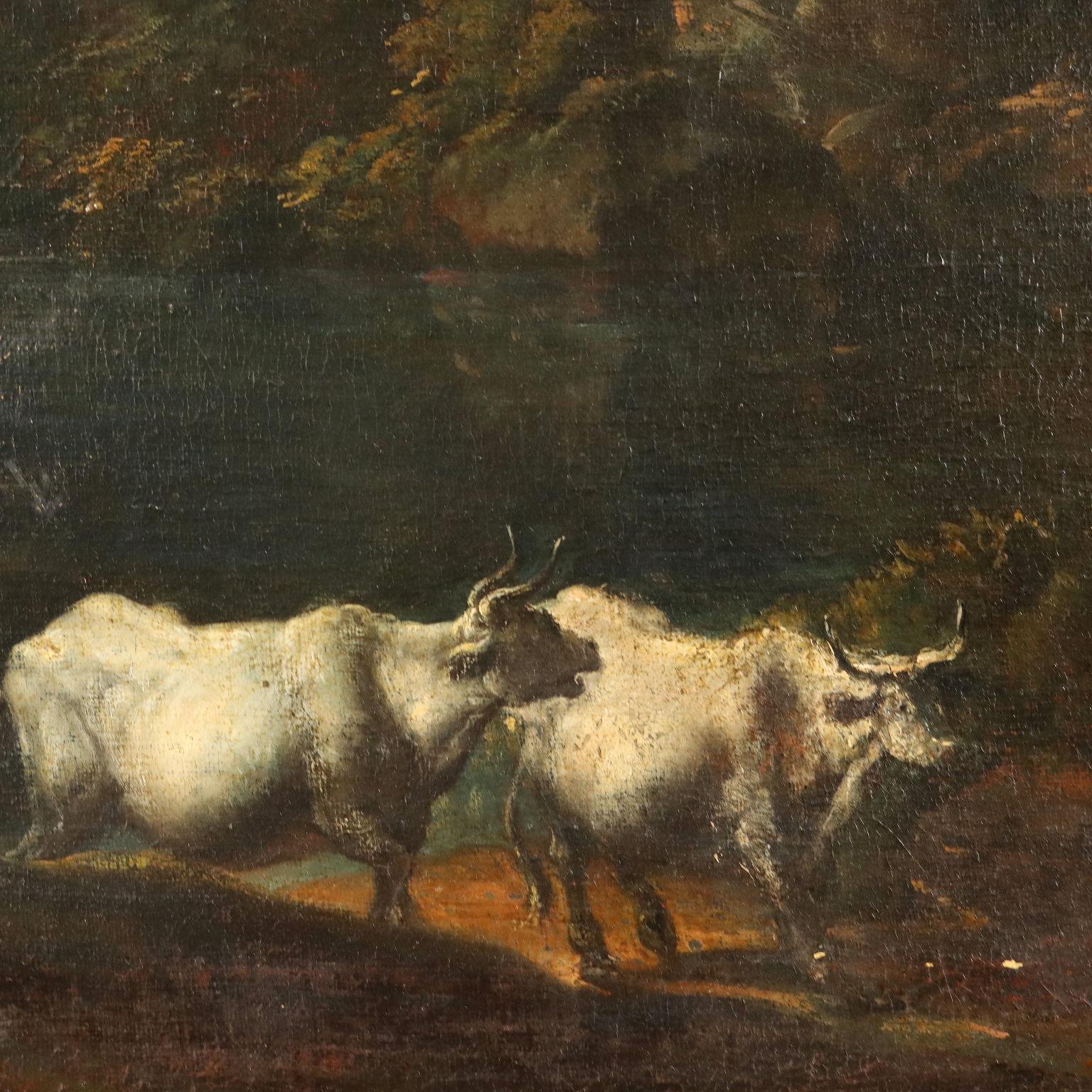 Oil on Canvas.
The landscape proposes a very green countryside, crossed centrally by a watercourse  on the bank of which, in the foreground, a herd of cattle is watering; in the center, on the opposite bank, a farmhouse surrounded by greenery, and