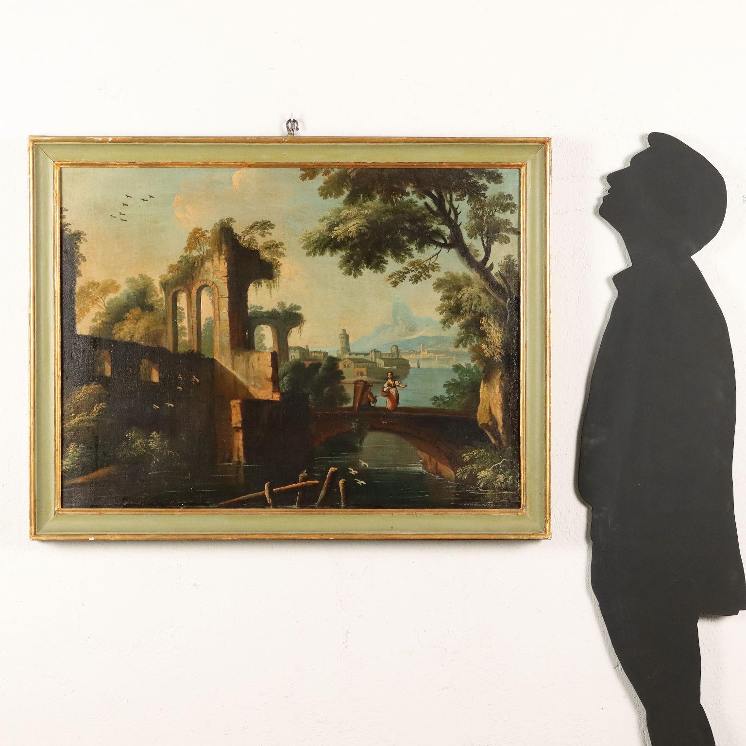 Dipinto  di Paesaggio con Rovine e Figure, XVIII secolo, olio su tela - Painting by Unknown