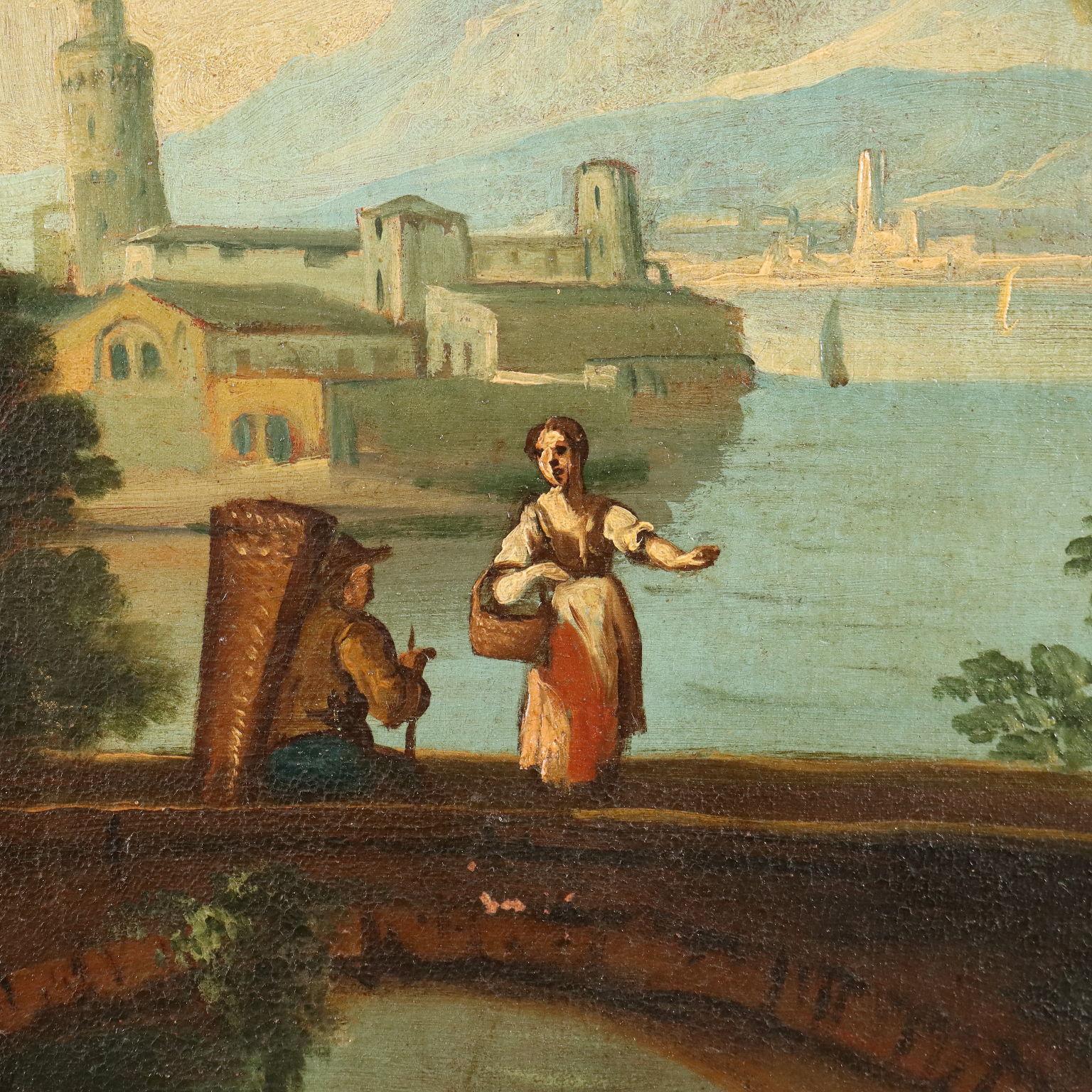 Dipinto  di Paesaggio con Rovine e Figure, XVIII secolo, olio su tela - Other Art Style Painting by Unknown