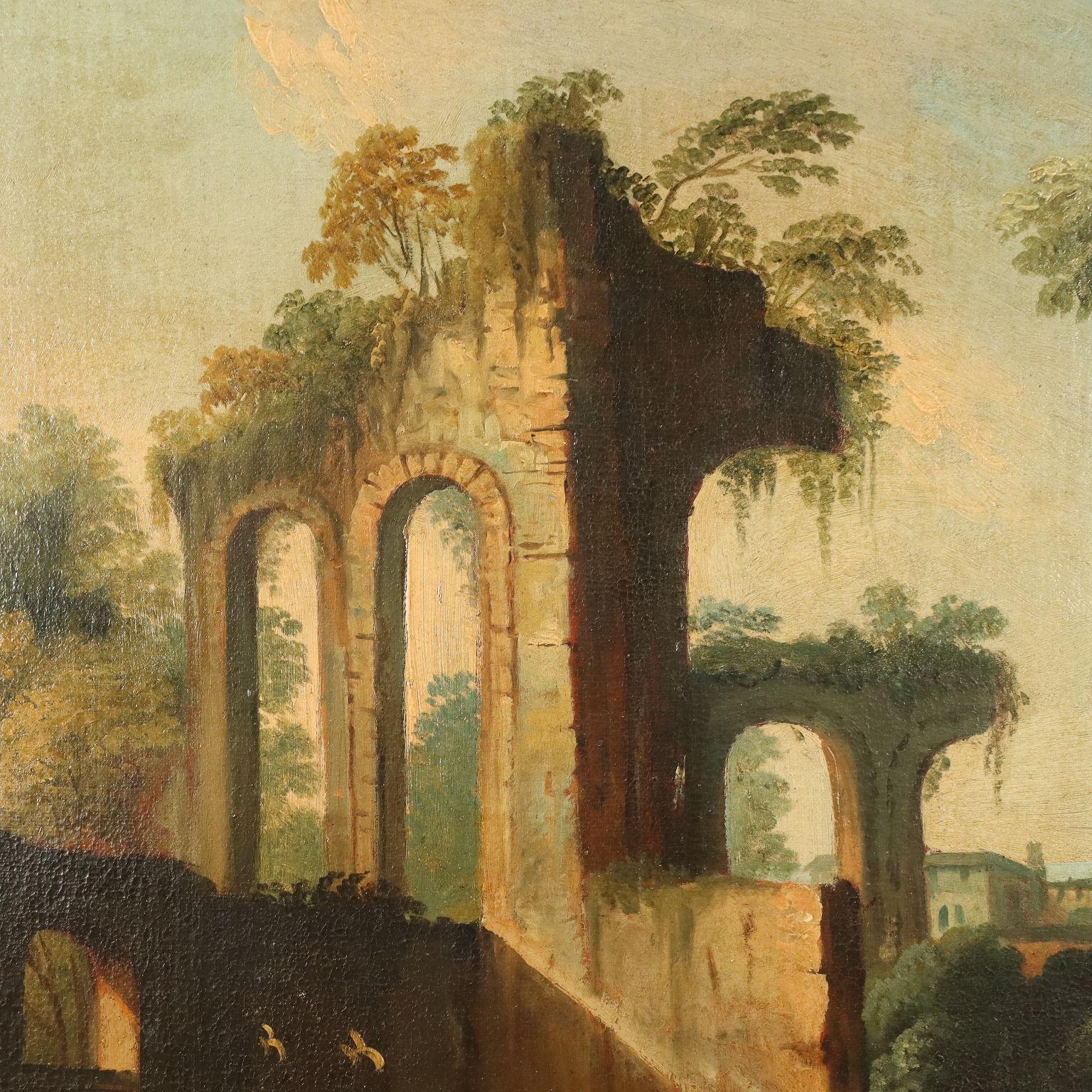 Dipinto  di Paesaggio con Rovine e Figure, XVIII secolo, olio su tela 2