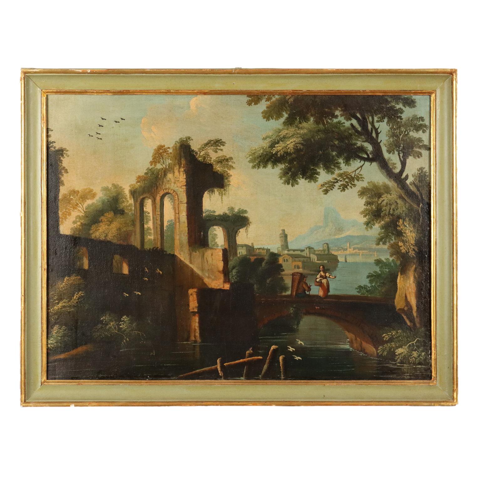 Unknown Landscape Painting - Dipinto  di Paesaggio con Rovine e Figure, XVIII secolo, olio su tela