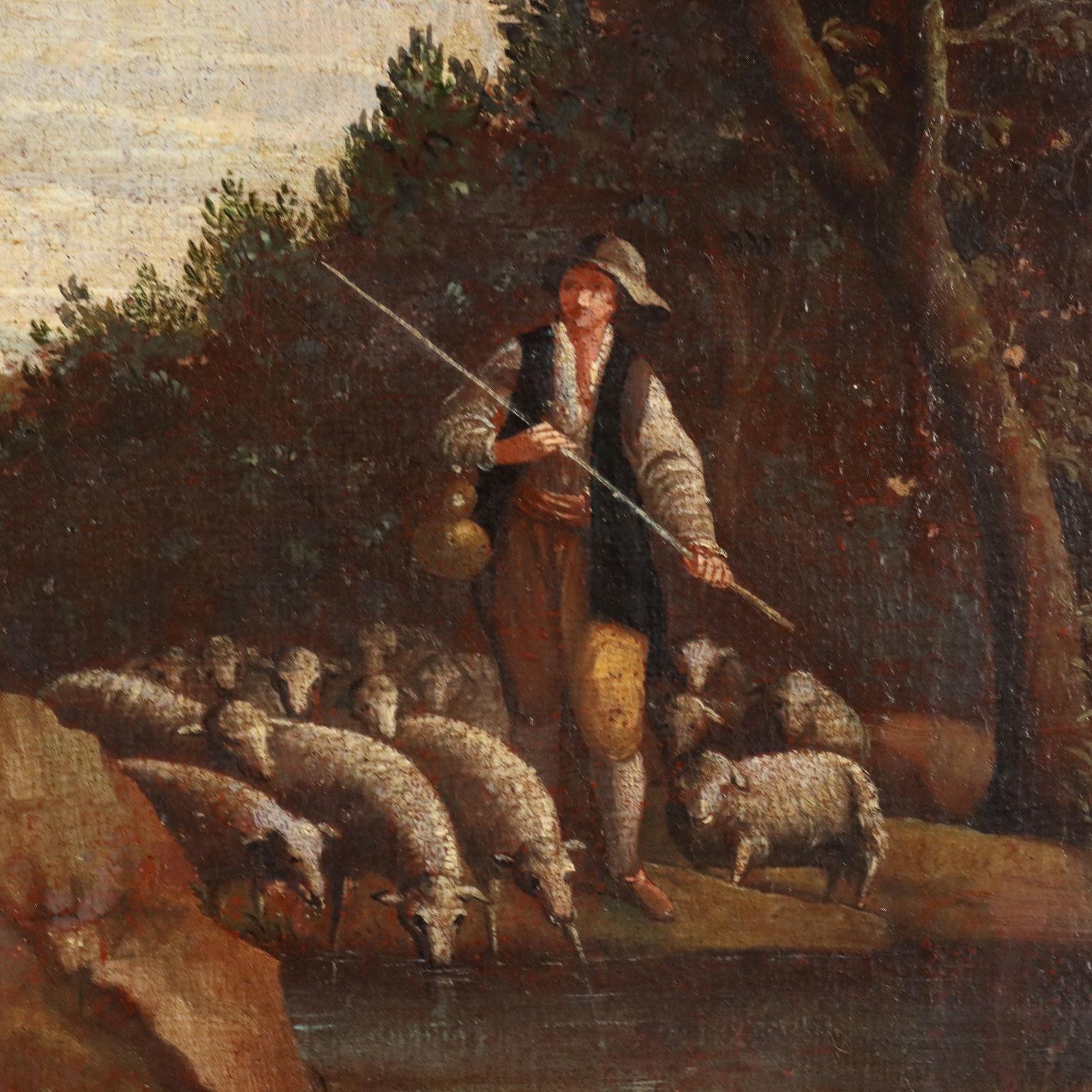 Peinture de paysage avec scène pastorale, XVIIIe siècle en vente 1