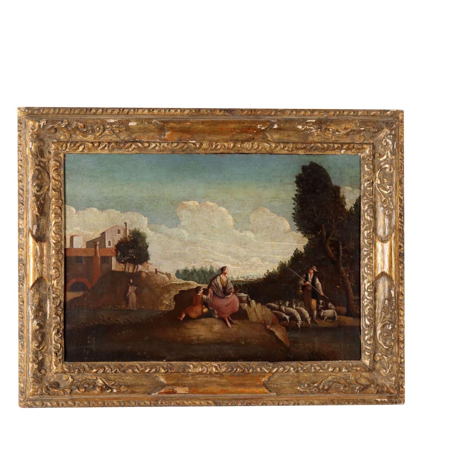 Oil on Canvas.
Of flavor  bucolic and serene, the scene set in the countryside on the edge of the hamlet that can be glimpsed on the left shows a woman and her son standing near a stream,  they wait with a lunch basket for the shepherd with his