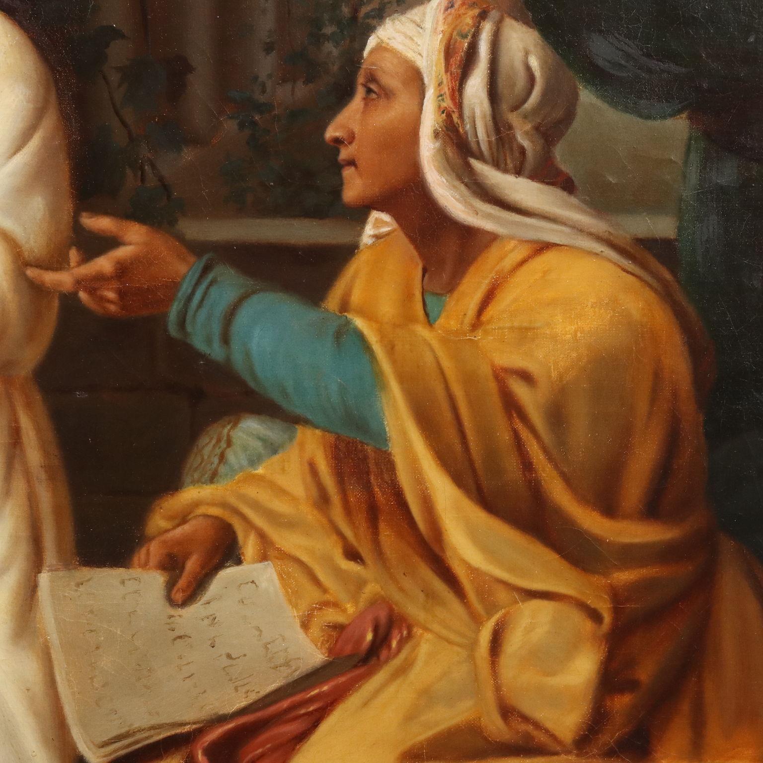 Öl auf Leinwand, auf eine Platte aufgetragen.  Französische Schule. Signiert F. Barthélemy und datiert 1876 unten links.
Die Szene hat ein orientalisches Flair und einen orientalischen Schauplatz und suggeriert die häusliche und intellektuelle