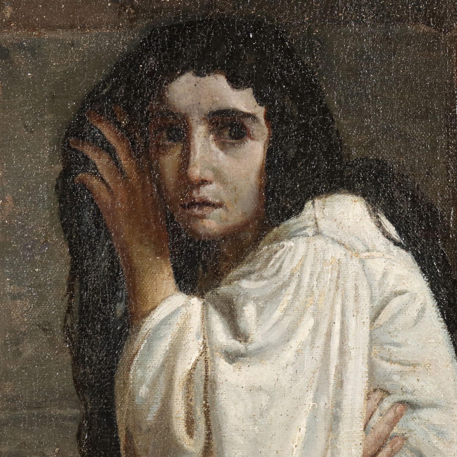 Olio su tela.
Si tratta di copia del' omonimo dipinto di Giulio Cesare Ferrari (1818-1899) realizzato nel 1863 e acquistato dopo pochi anni dalla Pinacoteca dell' Accademia di Bologna.
Il dipinto rappresenta una scena del romanzo 