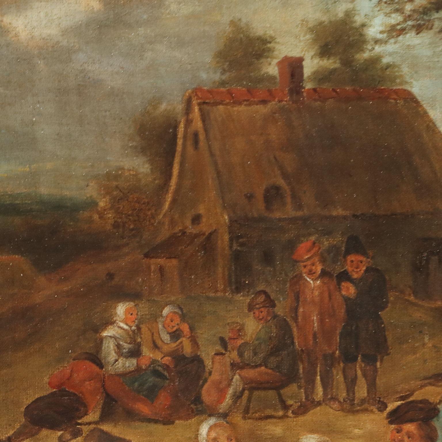 Öl auf Leinwand. Flämische Schule des 18. Jahrhunderts.
Eine lebhafte und ereignisreiche Szene, die ein beliebtes Fest im Dorf zeigt: eine Gruppe von Männern und Frauen vor dem Dorfgasthaus, das an seinem Schild zu erkennen ist,  tanzt in Begleitung