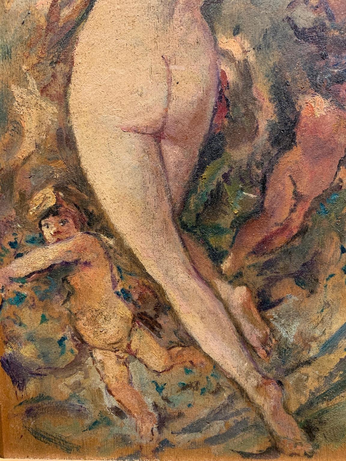 Ölgemälde auf Tafel mit bemaltem Holzrahmen, die Maße ohne Rahmen sind 41,5 x 22,5 cm.
Die dargestellte Szene weckt mythologische Erinnerungen: Im Vordergrund steht eine nackte Figur mit erhobenen Armen und langem Haar, die an eine Mänade oder