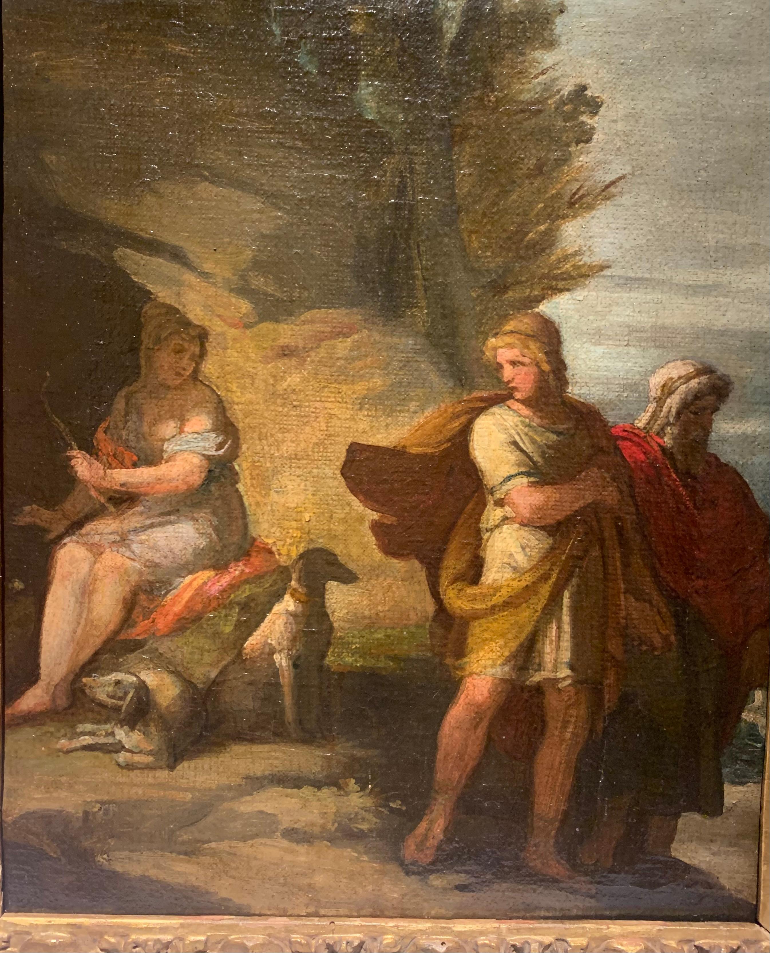 Peinture à thème mythologique (non encadrée 35,5 x 28 cm) représentant l'épisode de Diane et Actéon des Métamorphoses d'Ovide.
La déesse est représentée assise en tenue discrète, l'arc - son attribut - et les chiens, futurs bourreaux, assis à ses