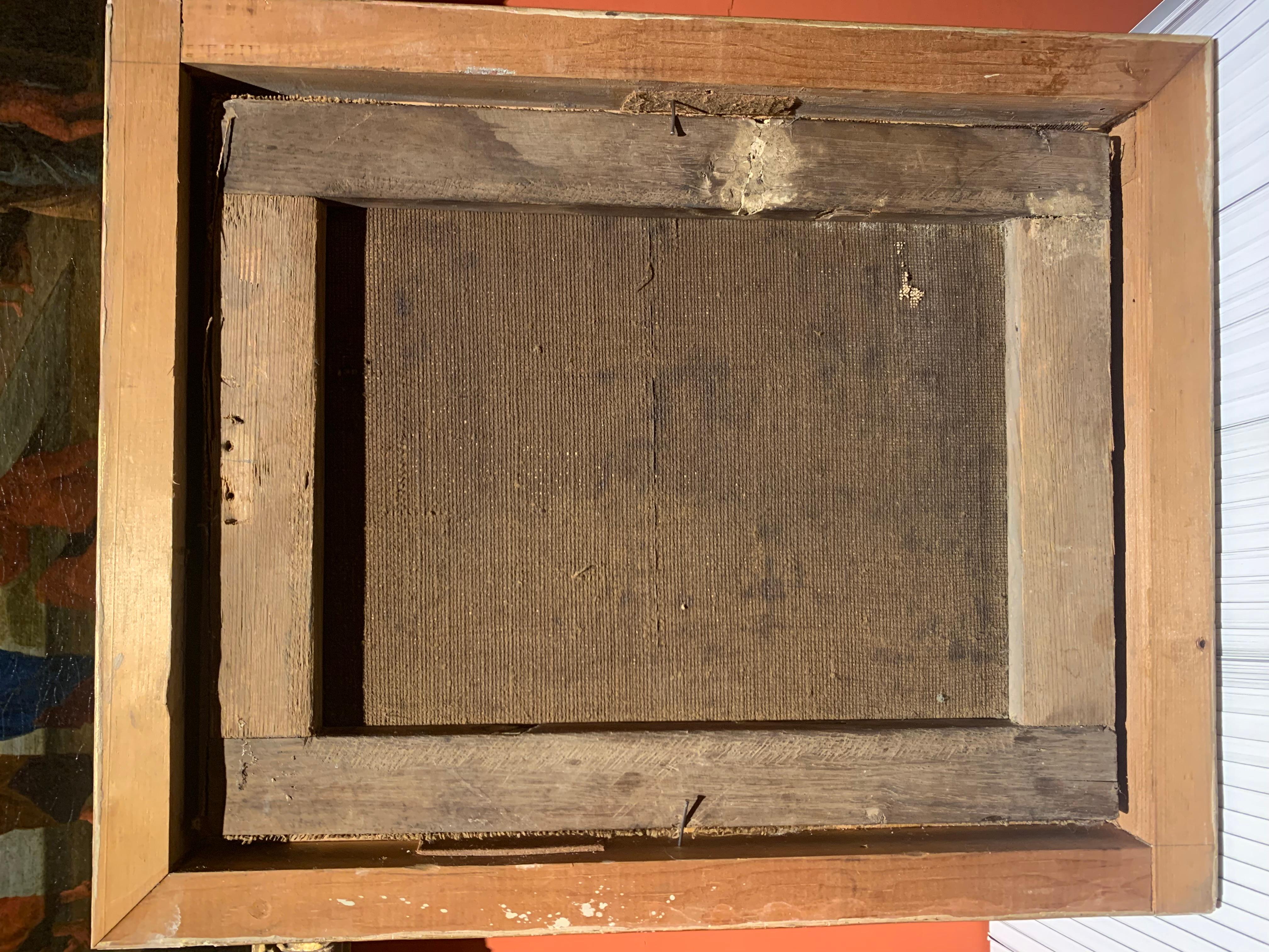 Peinture à thème mythologique (non encadrée 35 x 27,5 cm) représentant l'épisode de Diane et Actéon des Métamorphoses d'Ovide.
La déesse est représentée assise en tenue discrète, l'arc - son attribut - et les chiens, futurs bourreaux, assis à ses