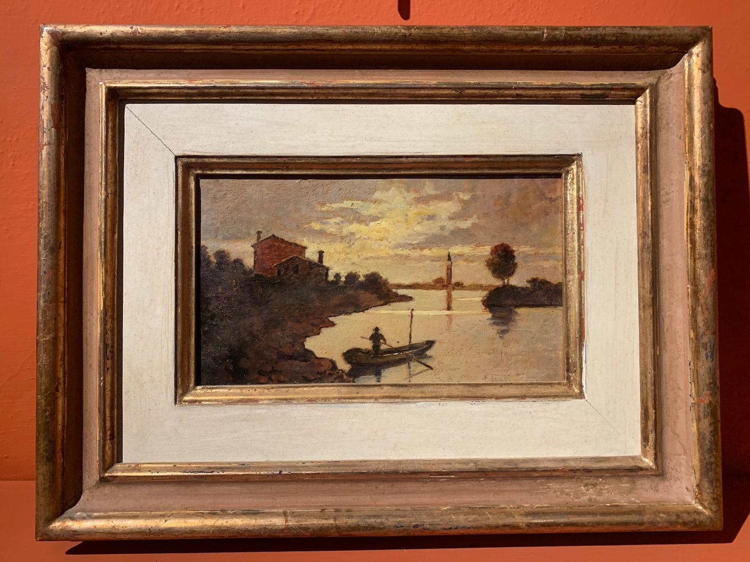 Dipinto figurativo paesaggio lagunare veneto macchiaiolo del XX secolo. - Painting di Unknown