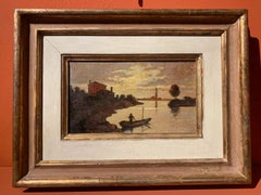 20th century Venetian Macchiaioli lagoon landscape figurative painting.