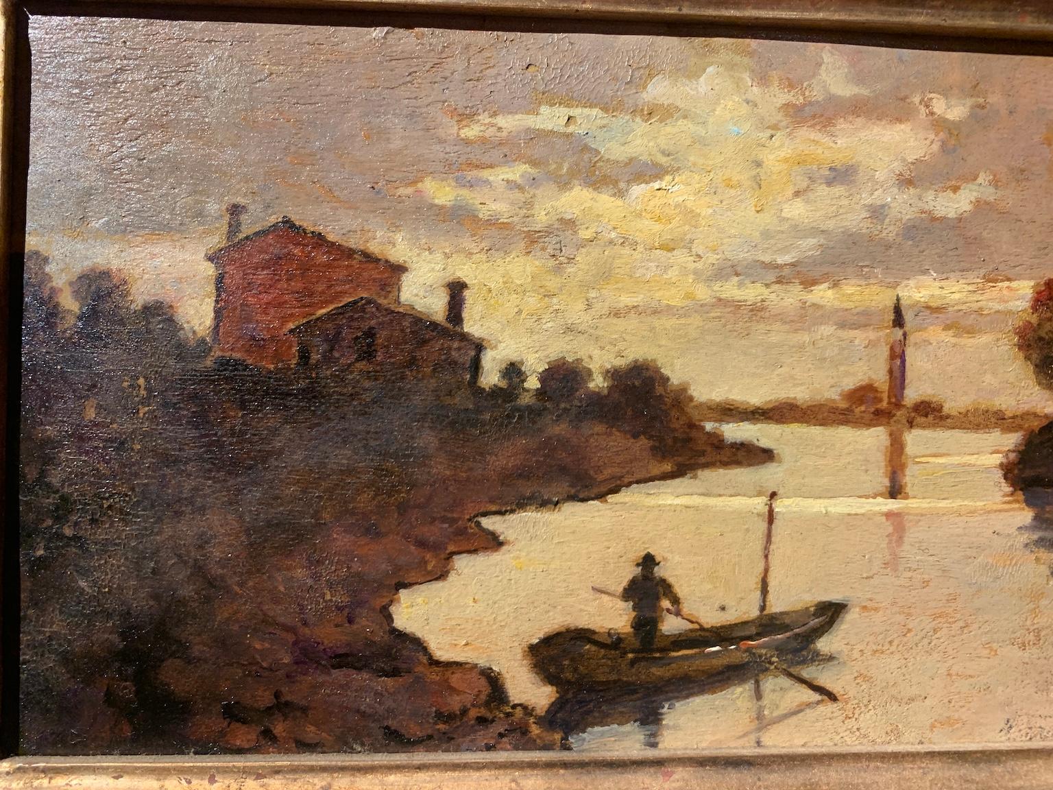 Dipinto figurativo paesaggio lagunare veneto macchiaiolo del XX secolo. - Painting Altro stile artistico di Unknown