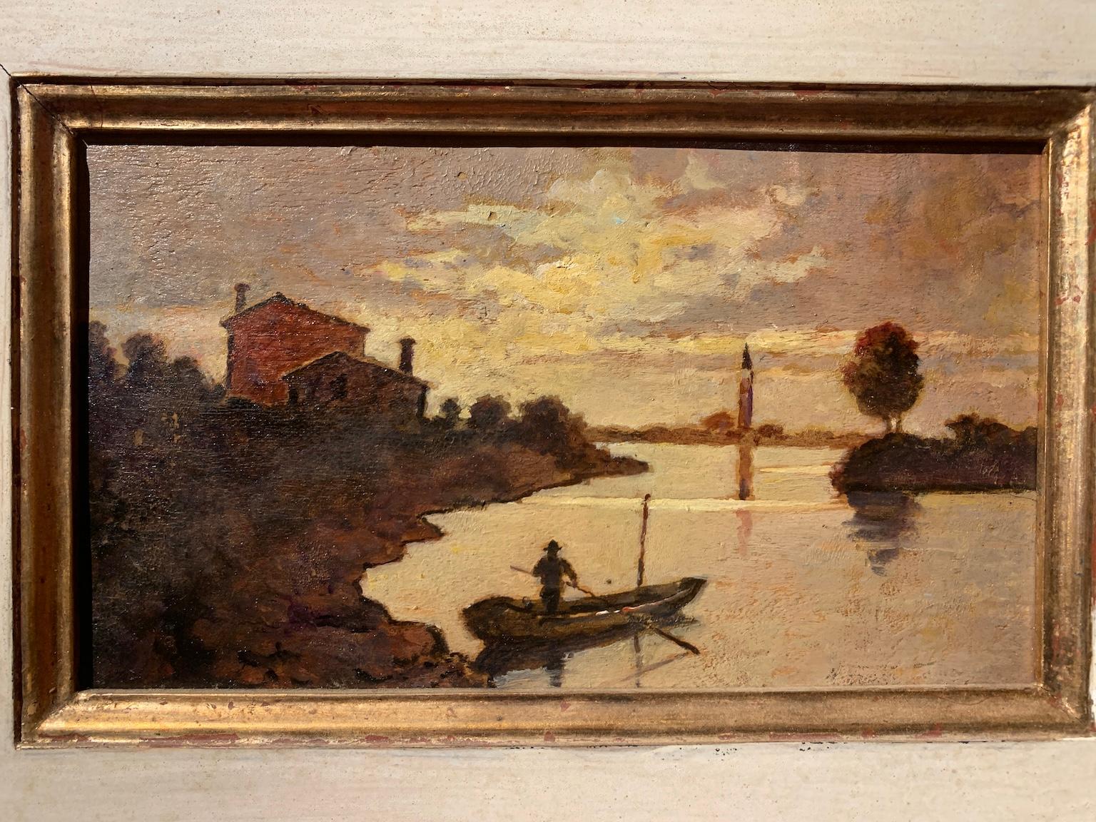 Dipinto olio su tavoletta con cornice in legno dipinto, le misure senza cornice sono 14,5 x 24,5 cm.

La scena rappresenta un paesaggio lagunare tipico del Veneto, con sullo sfondo un campanile che si riflette nell'acqua, forse riferimento all'isola