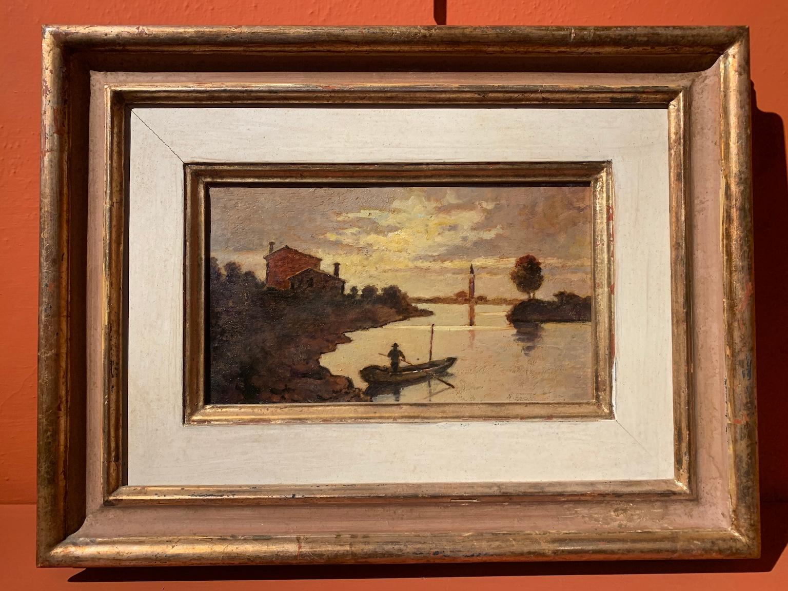 Figurative Painting di Unknown - Dipinto figurativo paesaggio lagunare veneto macchiaiolo del XX secolo.