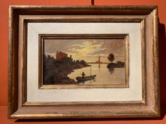 Dipinto figurativo paesaggio lagunare veneto macchiaiolo del XX secolo.