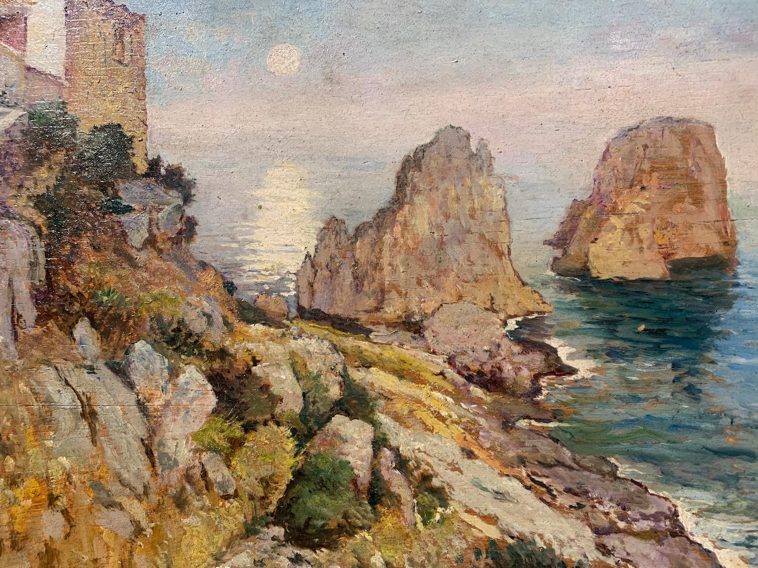 Dipinto olio su tavoletta con cornice in legno dipinto, le misure senza cornice sono 26 x 35 cm.

il paesaggio raffigura una marina con dei faraglioni che ricorda le isole del Meridione italiano come la Sicilia e la Sardegna, nello specifico