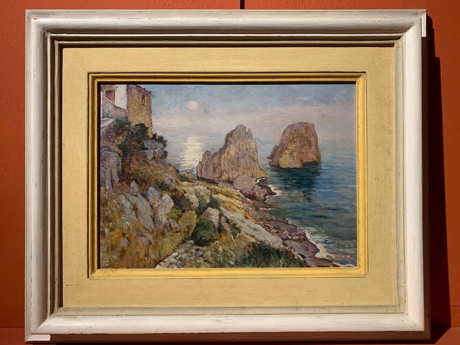 Landscape Painting di Unknown - Dipinto figurativo paesaggio marino macchiaiolo del XX secolo.