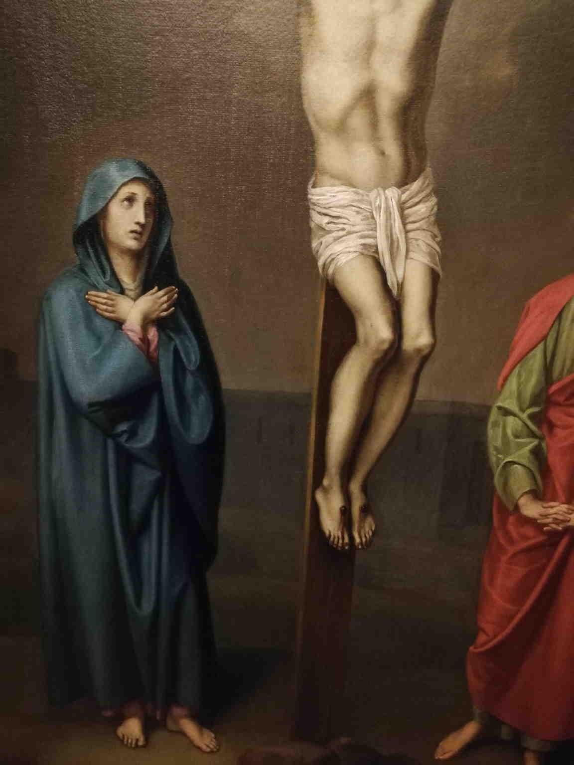 Cuadro de crucifixión figurativa religiosa purista italiana del siglo XIX - Painting Prerrafaelita de Unknown