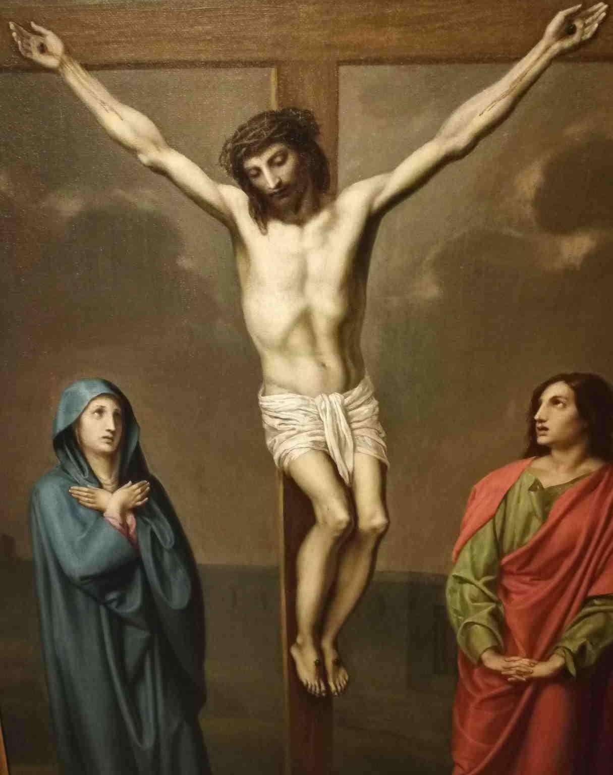Cuadro de crucifixión figurativa religiosa purista italiana del siglo XIX - Figurative Painting Brown de Unknown