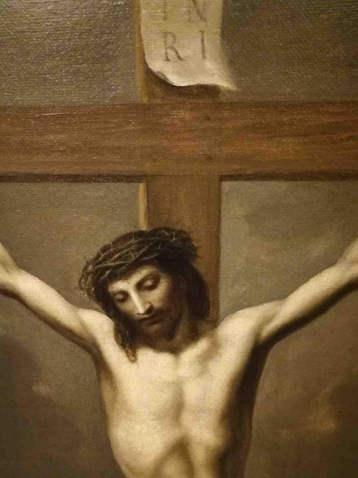 El cuadro (óleo sobre lienzo de 97 x 63 cm, con marco de madera dorada de 104 x 71 cm) representa uno de los momentos más dramáticos y destacados de la religión católica cristiana, a saber, la crucifixión de Jesucristo. La escena está dominada en el